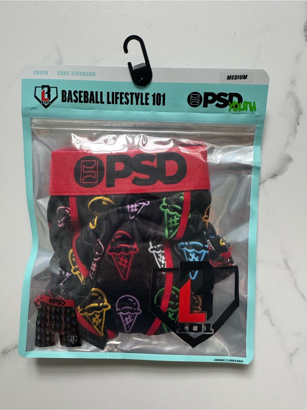 PSD Youth Black Briefs with Neon Ice Cream Print and Red Waistband